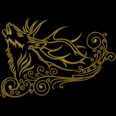 An embroidery design of a stylized lion's head in a gold thread, featuring flowing lines and swirls that enhance its majestic appearance.