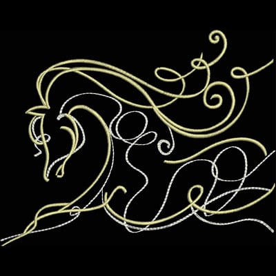 An embroidery design of a stylized horse created with elegant flowing lines in yellow and white.