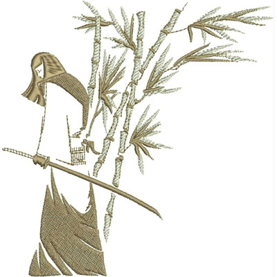 An embroidery design of a robed figure wielding a sword, standing beside stylized bamboo shoots.