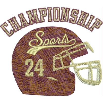 An embroidery design of a football helmet featuring the words "CHAMPIONSHIP" and "Sports," along with the number "24."