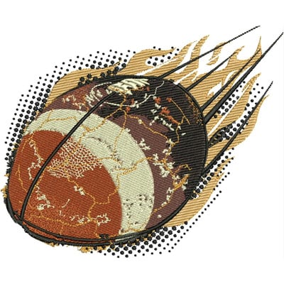 An embroidery design of a basketball with flames, conveying a sense of speed and energy.