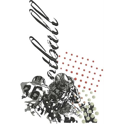 An embroidery design of two football players in action with the word "football" artistically integrated into the composition.