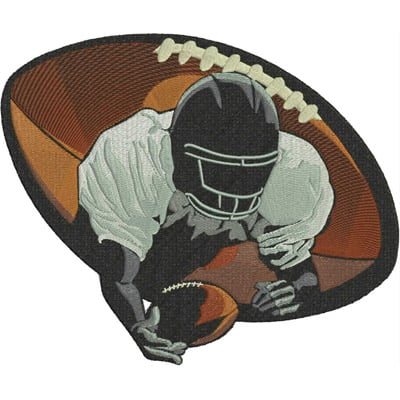 An embroidery design of a football player in action, reaching for a football while wearing a helmet and uniform.