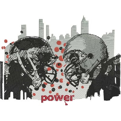 An embroidery design of two stylized football helmets facing each other, highlighted by the word "power" and accents of red dots.