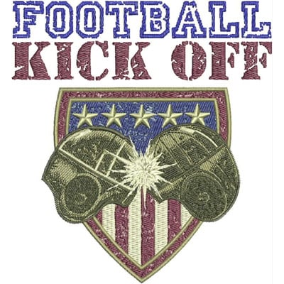 An embroidery design of a shield featuring two football helmets colliding, embellished with the words "FOOTBALL KICK OFF" and stars above.