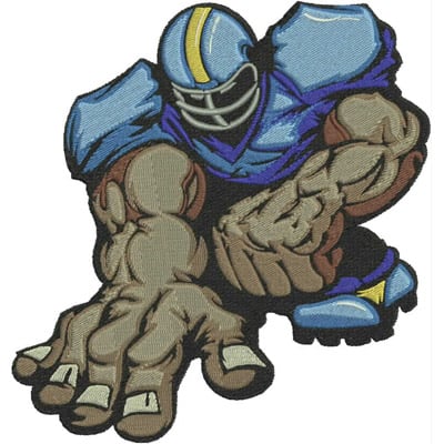 An embroidery design of a muscular, cartoon-style football player in a blue uniform, showcasing oversized hands and an intense expression.