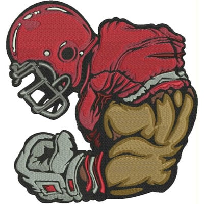 An embroidery design of a muscular football player in a red jersey and helmet, showcasing a strong arm and clenched fist.