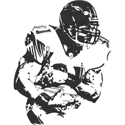 An embroidery design of a dynamic football player in action, showcasing bold lines and detailed contours.