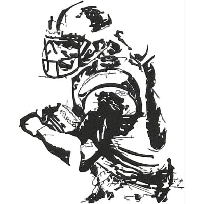 An embroidery design of a dynamic football player in action, showcasing movement and intensity.