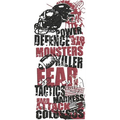 An embroidery design of bold text featuring words like "Power," "Monsters," "Fear," and imagery of a football helmet, emphasizing strength and strategy in sports.