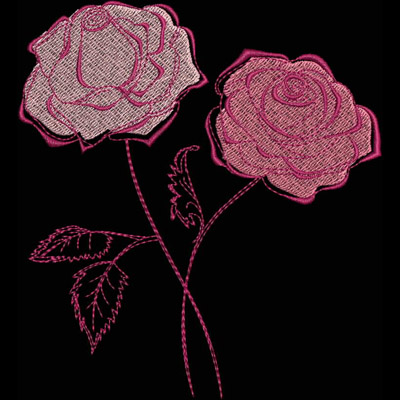 An embroidery design of two stylized roses in shades of pink, complete with intricate leaves and stems.