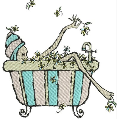 An embroidery design of a relaxed figure lounging in a vintage bathtub surrounded by flowers, exuding a serene and whimsical vibe.