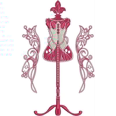 An embroidery design of a vintage dress form embellished with elegant swirls and decorative details in shades of pink.