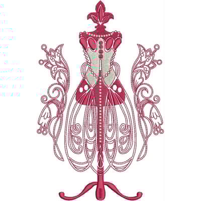 An embroidery design of a stylish dress form adorned with elegant floral accents and intricate details.