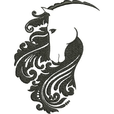 An embroidery design of a horse's head entwined with swirling, decorative elements.