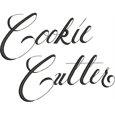 An embroidery design of the words "Cookie Cutter" in an elegant, flowing script.