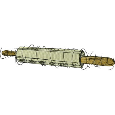 An embroidery design of a rolling pin with wooden handles and a textured body.