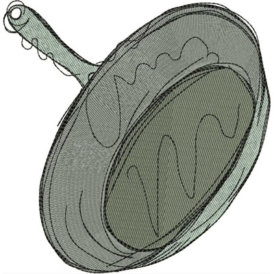 An embroidery design of a detailed frying pan with a textured surface and curved handle.
