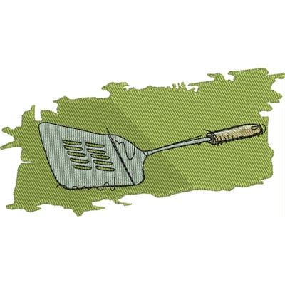 An embroidery design of a slotted spatula with a wooden handle.