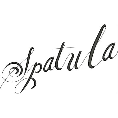 An embroidery design of the word "spatula" in elegant cursive lettering.