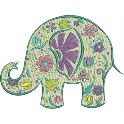 An embroidery design of an intricately adorned elephant featuring vibrant flowers and decorative patterns in a variety of colors.