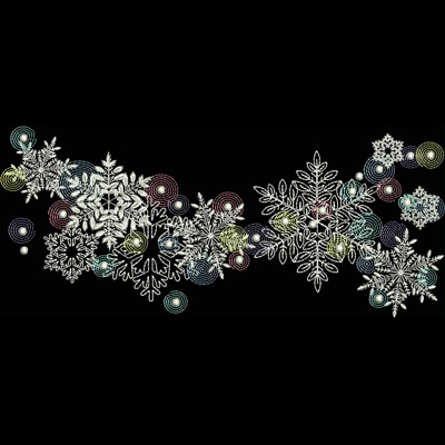 An embroidery design of intricate snowflakes intertwined with colorful circular patterns, creating a harmonious winter theme.