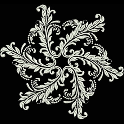 An embroidery design of elegant, swirling leaves and floral motifs arranged in a symmetrical pattern.