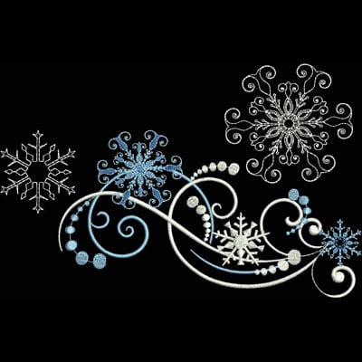 An embroidery design of elegant swirling lines and various snowflakes in shades of blue and white, accentuated with decorative beads.