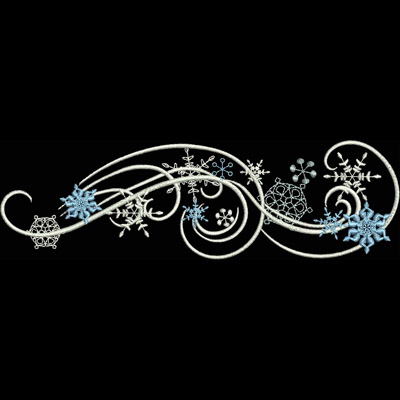An embroidery design of swirling patterns featuring delicate snowflakes in shades of blue and white.