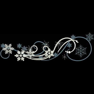 An embroidery design of delicate snowflakes intertwined with elegant swirls in shades of white and blue.