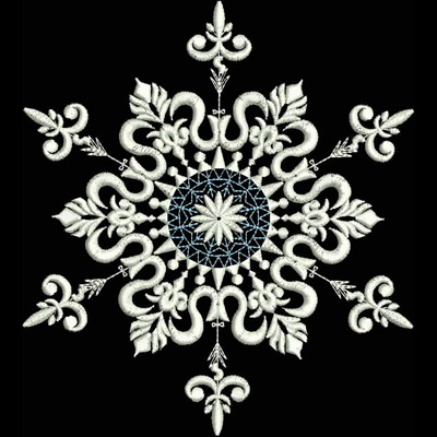 An embroidery design of an intricate snowflake with elaborate swirls and a central star, showcasing a blend of white and blue elements.