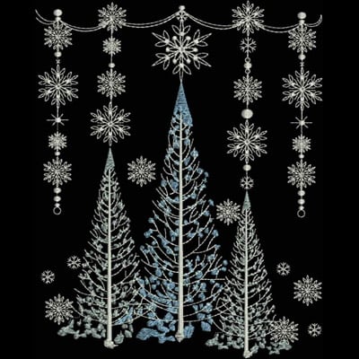 An embroidery design of three intricately detailed trees adorned with snowflakes and decorative elements.