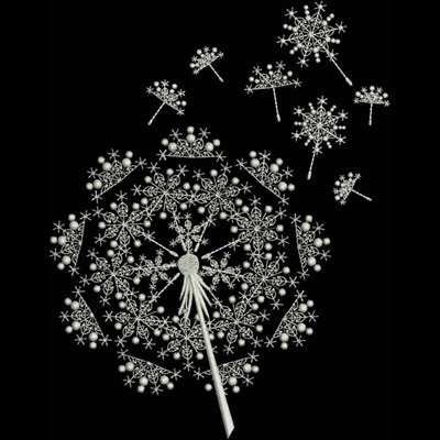 An embroidery design of a dandelion puff releasing delicate seed-like snowflakes, intricately detailed with floral patterns.