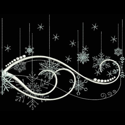 An embroidery design of elegant swirling lines adorned with various snowflakes and pearl-like accents, creating a festive winter theme.