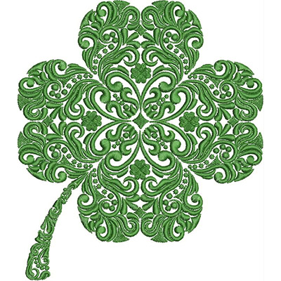 An embroidery design of an intricately detailed green four-leaf clover decorated with ornate swirls and floral elements.