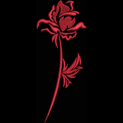 An embroidery design of a vibrant red rose with intricate petal details and a slender stem.
