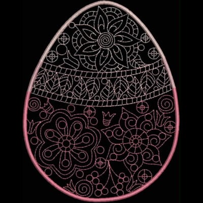 An embroidery design of an intricately patterned egg featuring stylized flowers and leaves in a symmetrical arrangement.