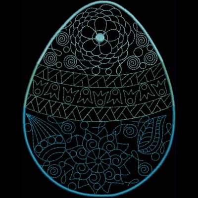 An embroidery design of an intricately detailed egg shape featuring various patterns, including floral and spiral motifs, as well as geometric shapes.