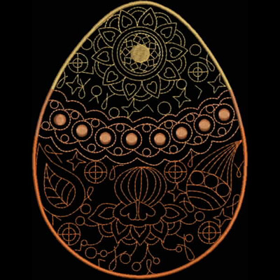 An embroidery design of an intricately patterned egg featuring floral motifs, geometric shapes, and decorative lines.