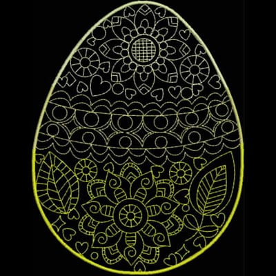 An embroidery design of a decorative egg featuring intricate floral and heart patterns with layered sections.