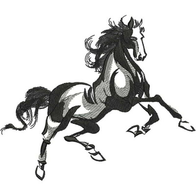 An embroidery design of a majestic horse in mid-gallop, showcasing intricate detailing in black and gray thread.