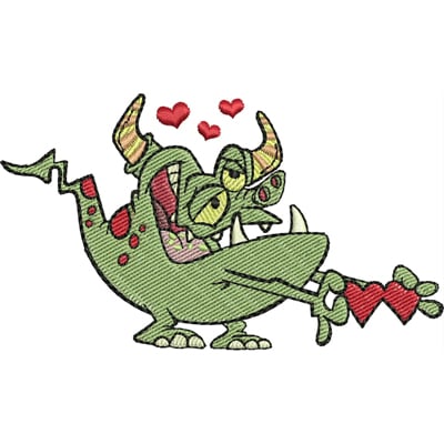 An embroidery design of a playful green monster with three eyes, charmingly holding a heart-shaped arrow and surrounded by floating hearts.