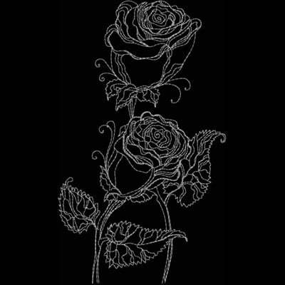 An embroidery design of two beautifully detailed roses with intricate leaves and stems.