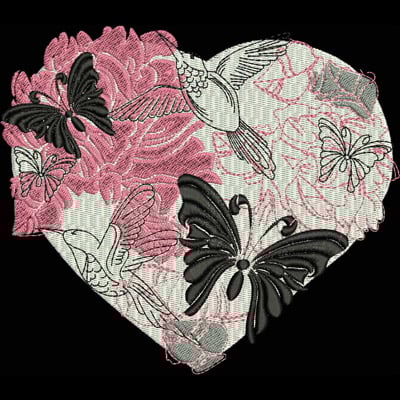 An embroidery design of a heart shape adorned with vibrant pink flowers, black butterflies, and delicate hummingbirds.