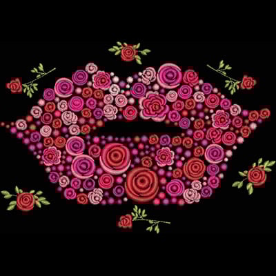 An embroidery design of a vibrant pair of lips adorned with intricate roses and swirling floral patterns in shades of pink and red.