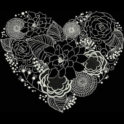 An embroidery design of a heart shape filled with various intricate floral patterns, including roses, leaves, and embellishments.