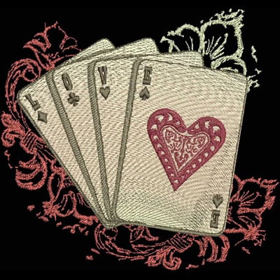 An embroidery design of four playing cards displaying the word "LOVE" and a decorative heart.
