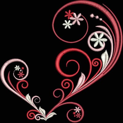 An embroidery design of swirling floral elements in shades of red and pink, featuring delicate flowers and elegant curves.