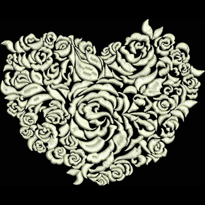An embroidery design of a heart shaped arrangement filled with intricate roses and floral patterns.