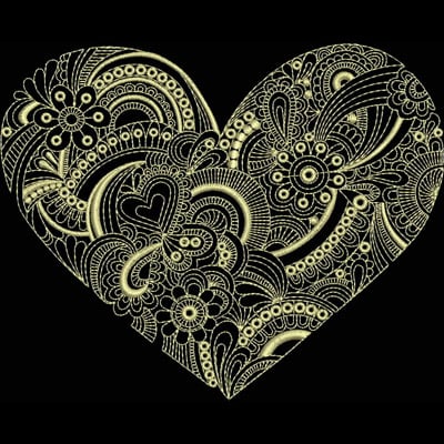 An embroidery design of a detailed heart shape filled with intricate floral and swirling patterns.